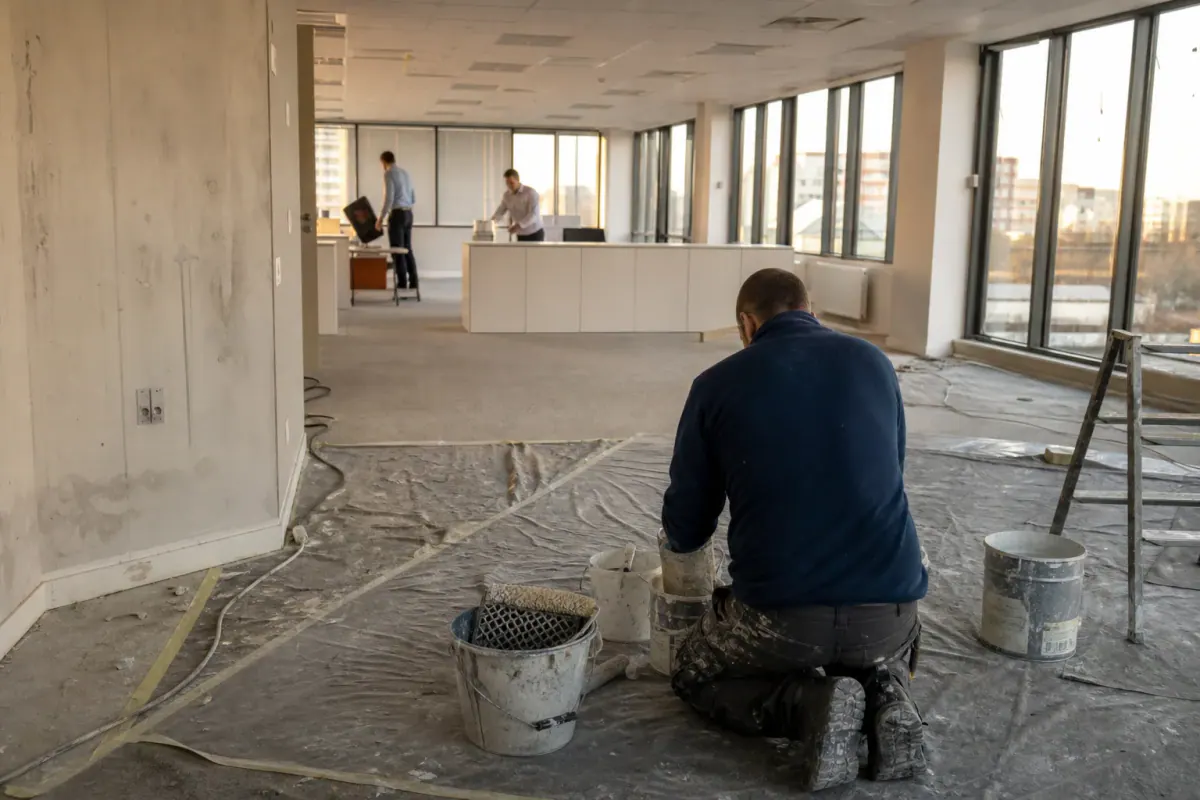 Bureaux occupés repeints par zones, postes de travail libérés chaque soir