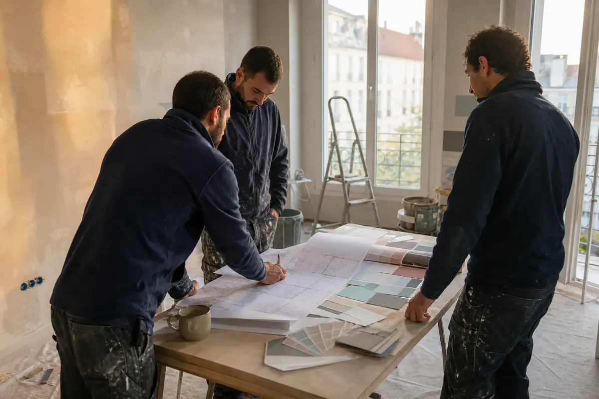 Rédaction d’un cahier des charges de peinture : plans d’immeuble et échantillons sur une table