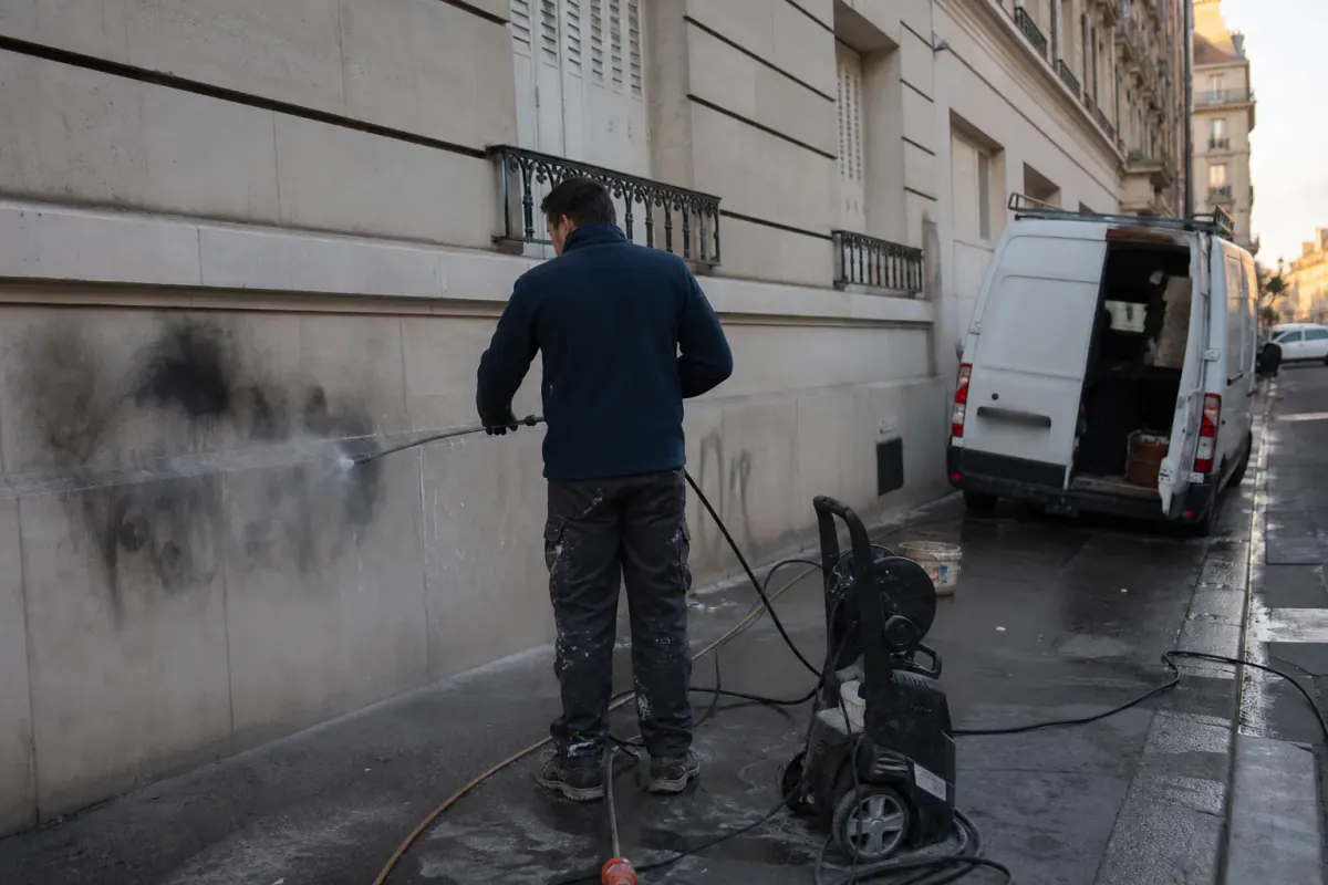 Technicien en tournée d’entretien anti-graffiti nettoyant un tag récent sur une façade protégée