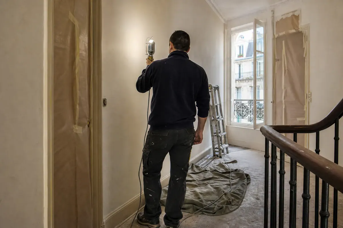 Contrôle de la finition d’un mur de palier fraîchement repeint à la lampe rasante, portes palières protégées