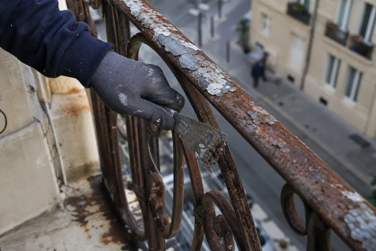 Garde-corps rouillé de balcon examiné avant chiffrage d’une reprise antirouille