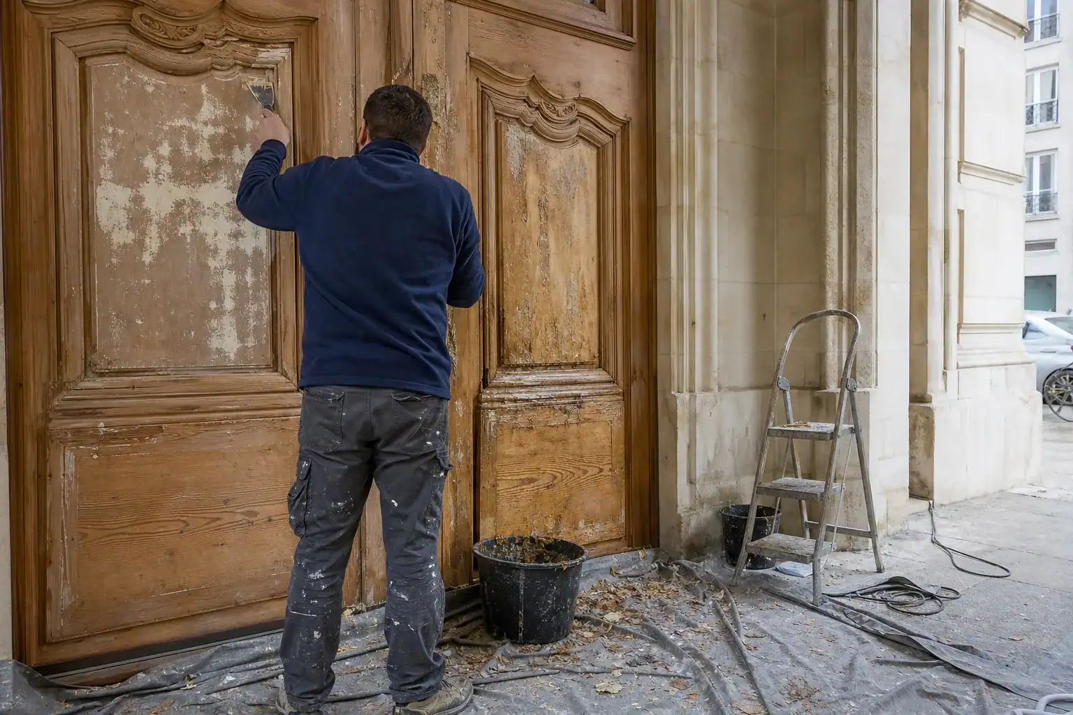 Porte cochère en chêne décapée jusqu’au bois d’origine, compagnon retirant les anciennes couches au grattoir