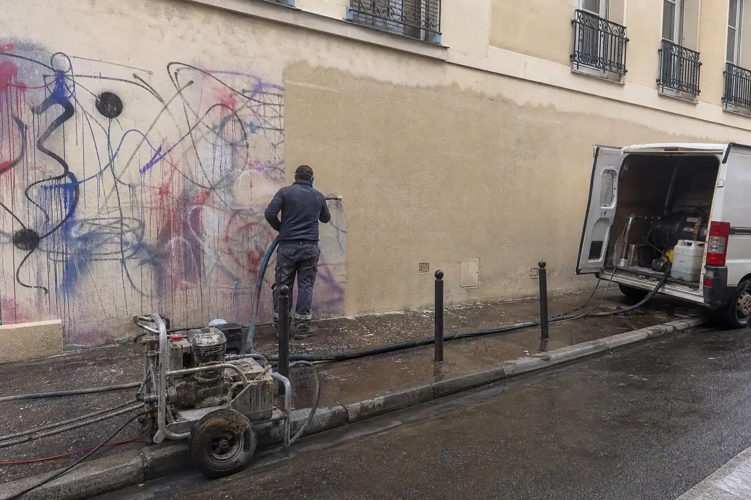 Effacement de tags sur un mur enduit par hydrogommage, technicien en combinaison