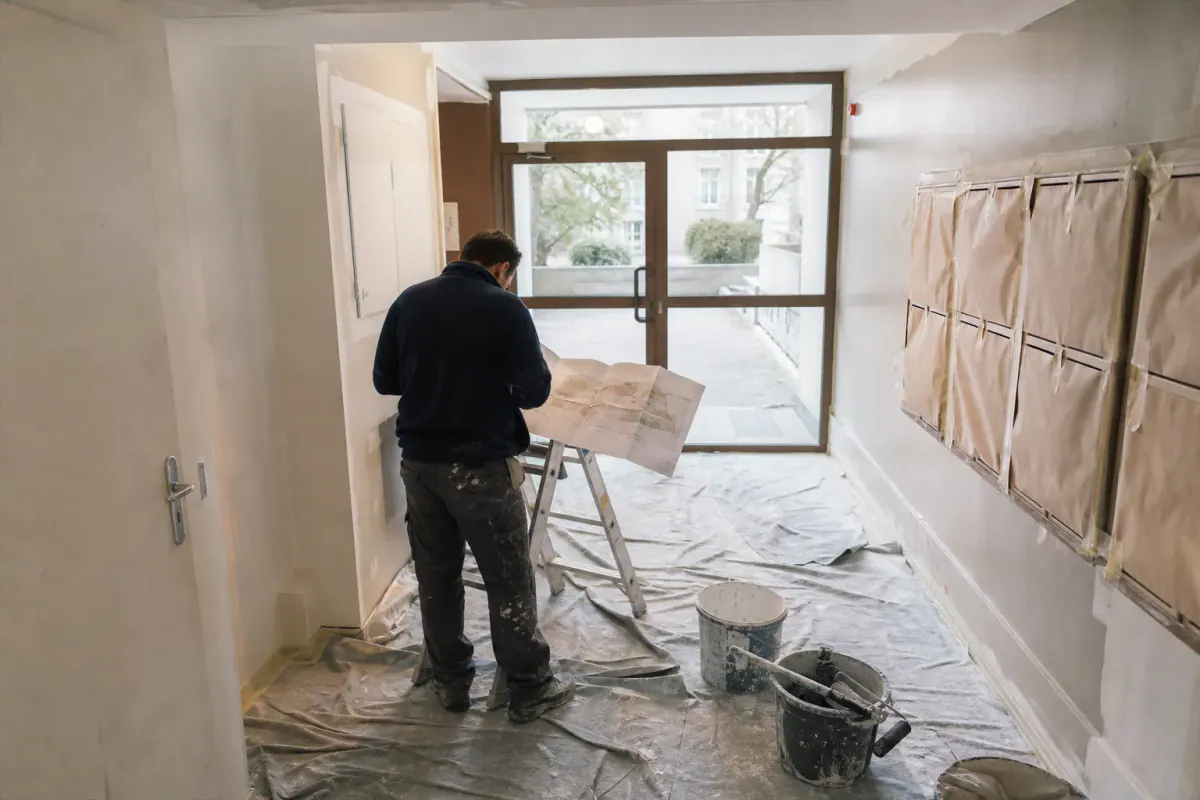 Chef de chantier de dos relisant un plan de repérage dans le hall d’un immeuble collectif en travaux