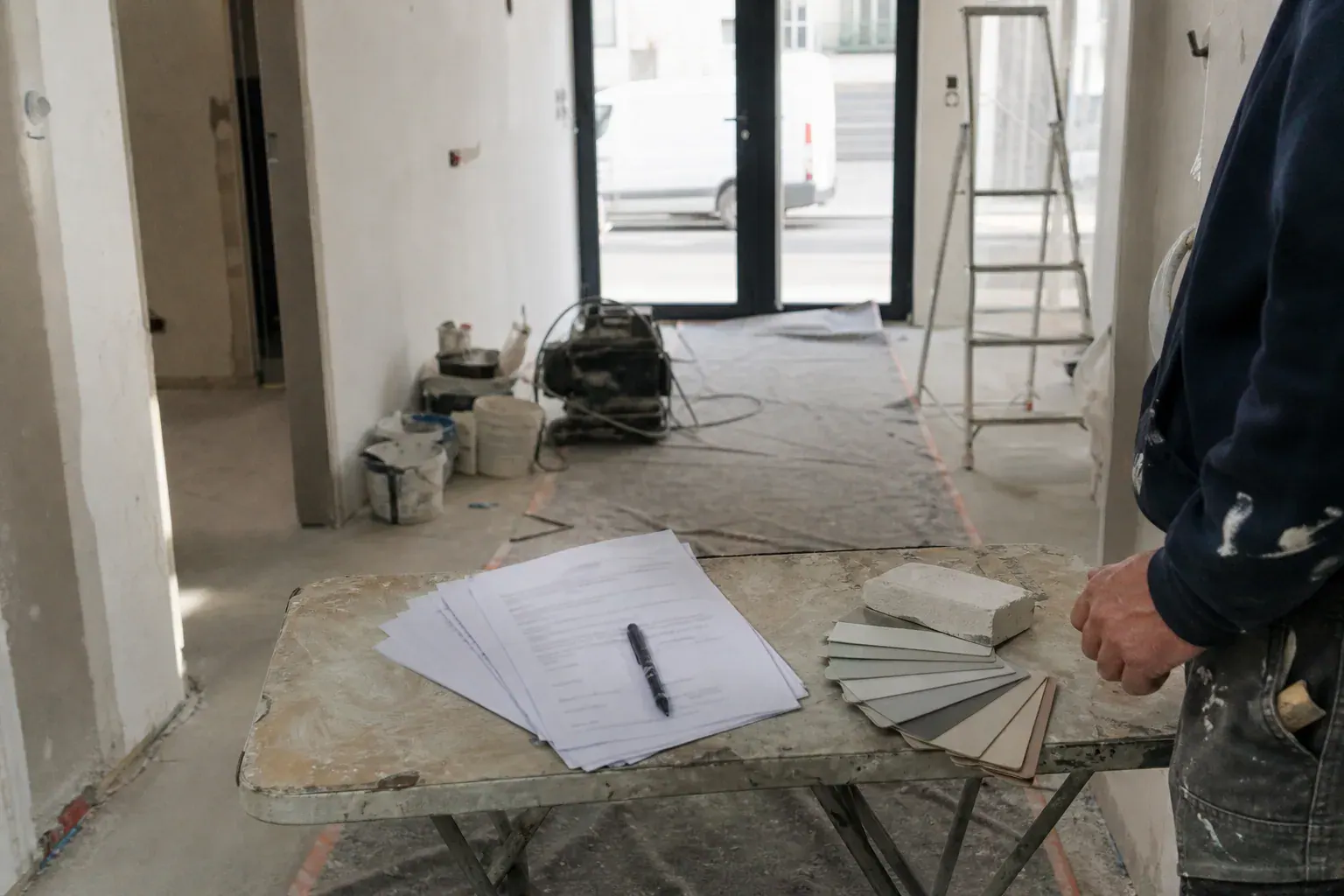 Devis de peinture de cage d’escalier relu sur une table de chantier, échantillons de teinte à côté