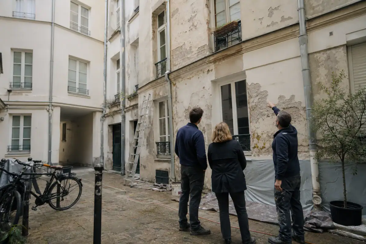 Chef de chantier montrant à des copropriétaires la façade sur cour écaillée à repeindre avec le fonds de travaux
