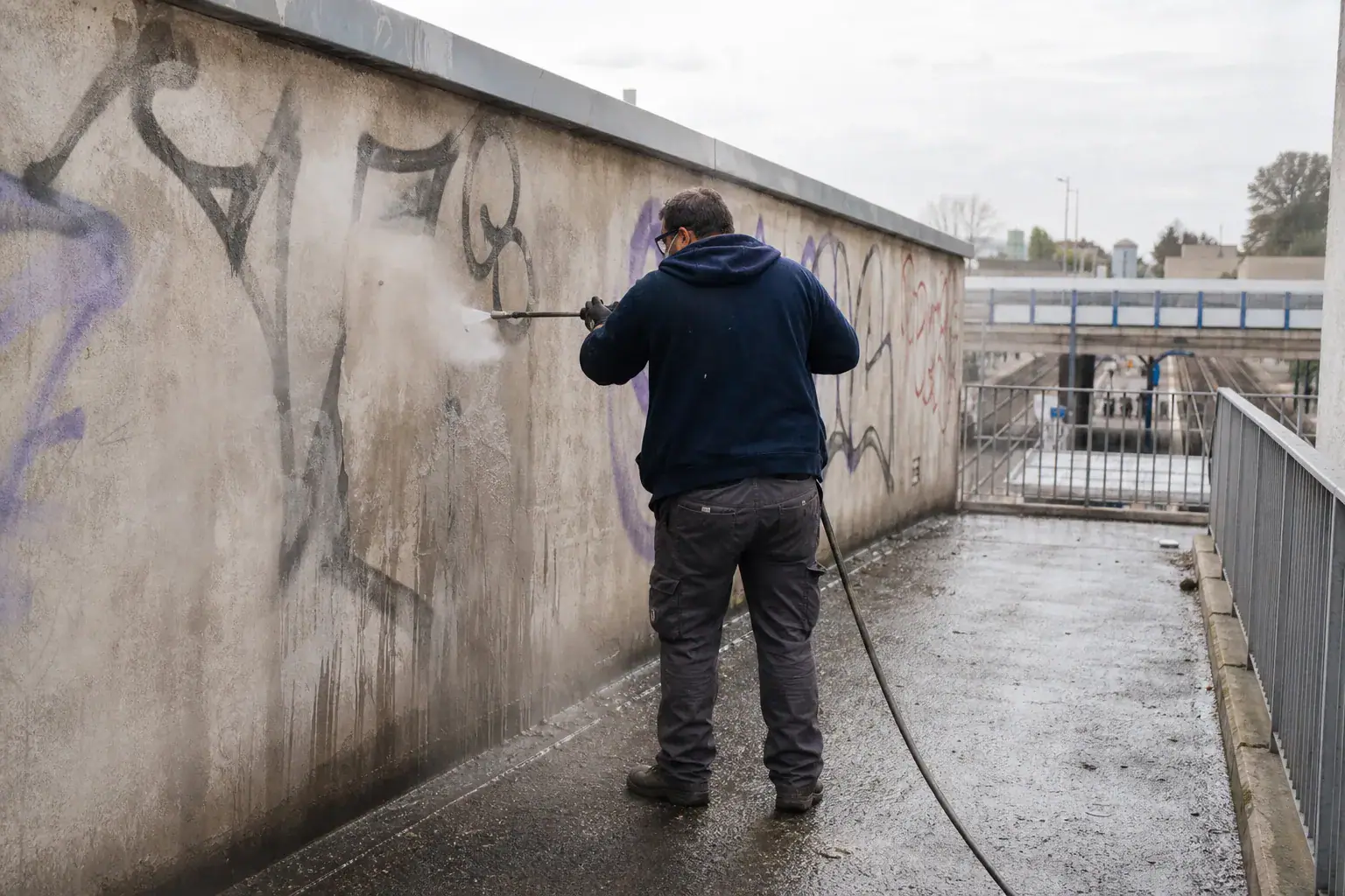 Effacement de tags sur une passerelle et un mur de résidence en Essonne