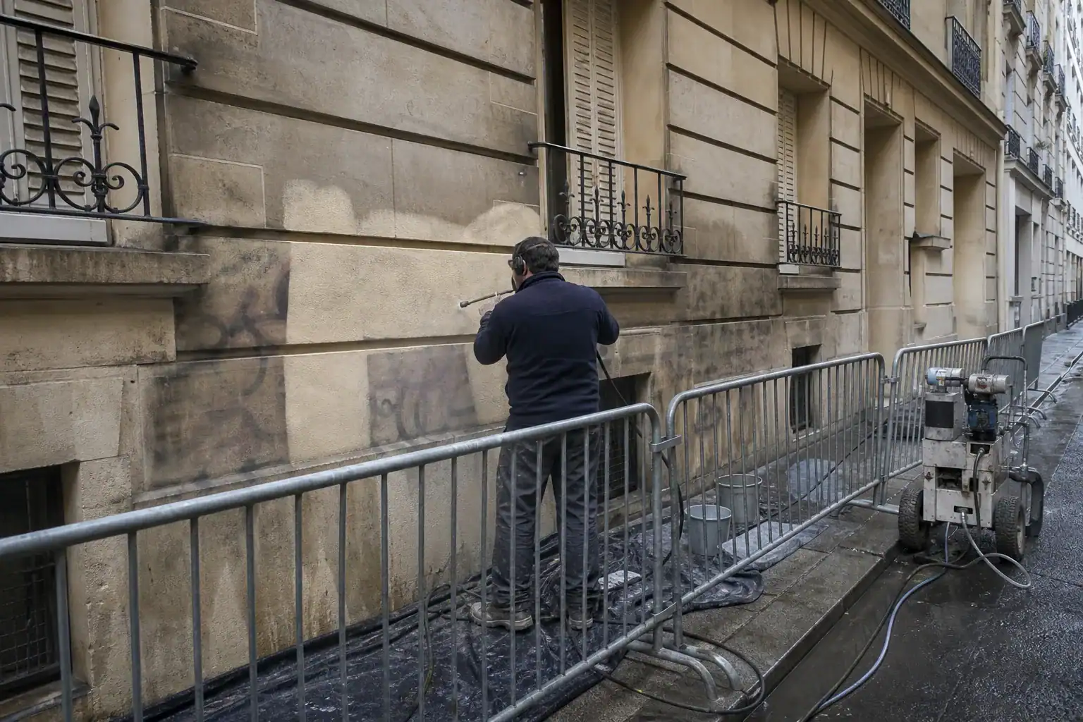 Effacement de tags sur une façade en pierre de taille à Paris par hydrogommage basse pression