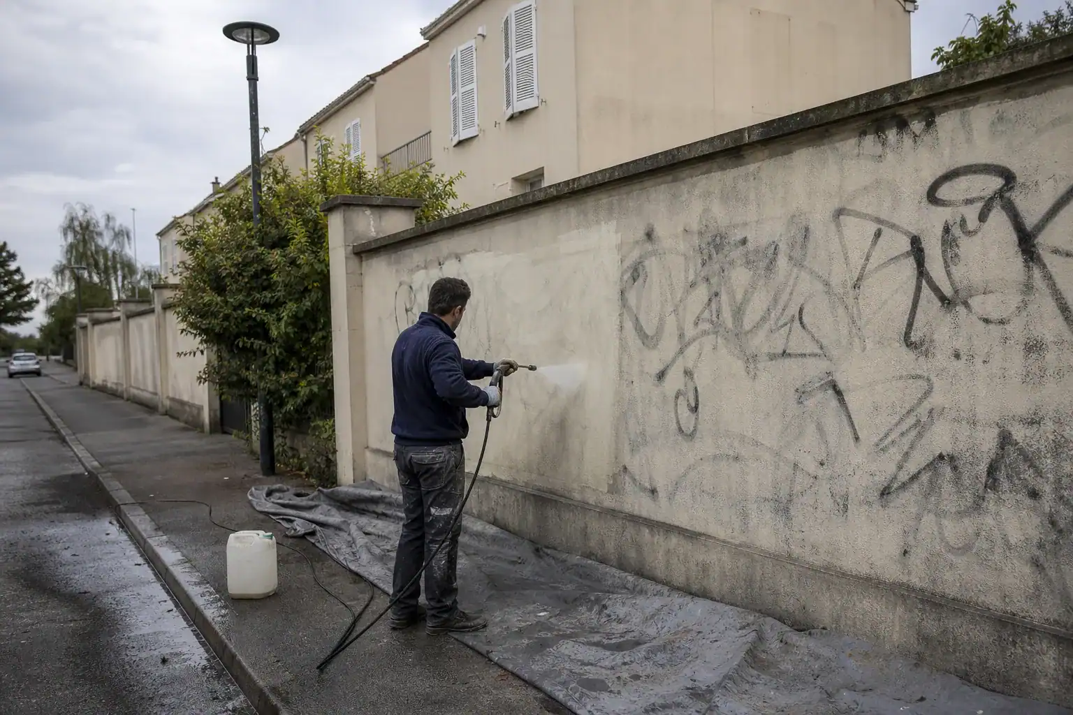 Tags effacés sur un mur enduit de Seine-et-Marne, puis protection anti-graffiti