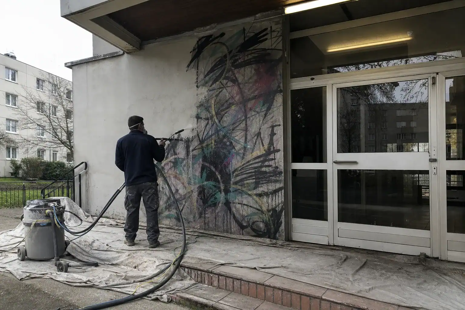 Hall et porte d’un grand ensemble de Seine-Saint-Denis nettoyés des tags, laque anti-graffiti