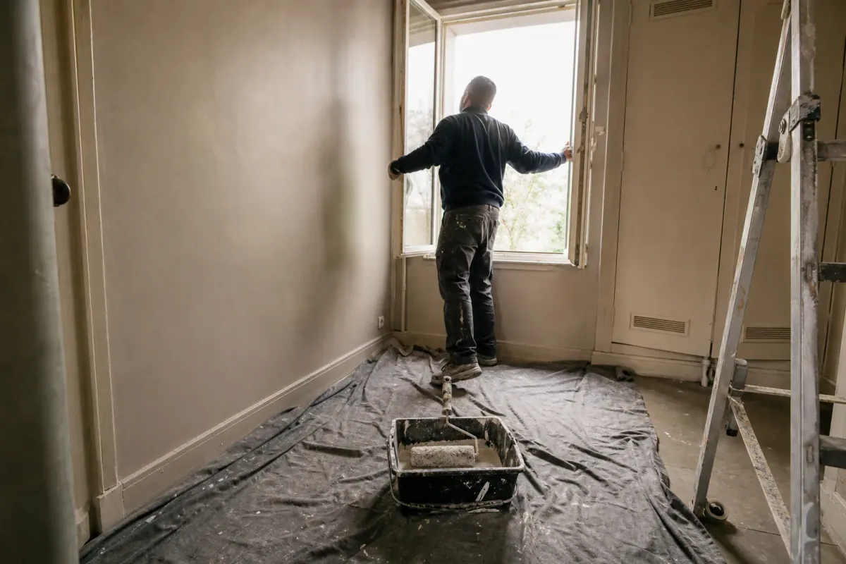 Peintre ouvrant la fenêtre d’un palier pour aérer pendant l’application d’une peinture à faible COV