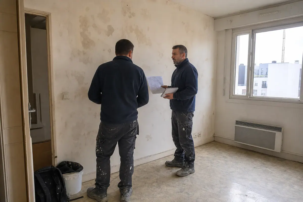 Visite contradictoire avant travaux dans un logement vide du parc social, plan à la main