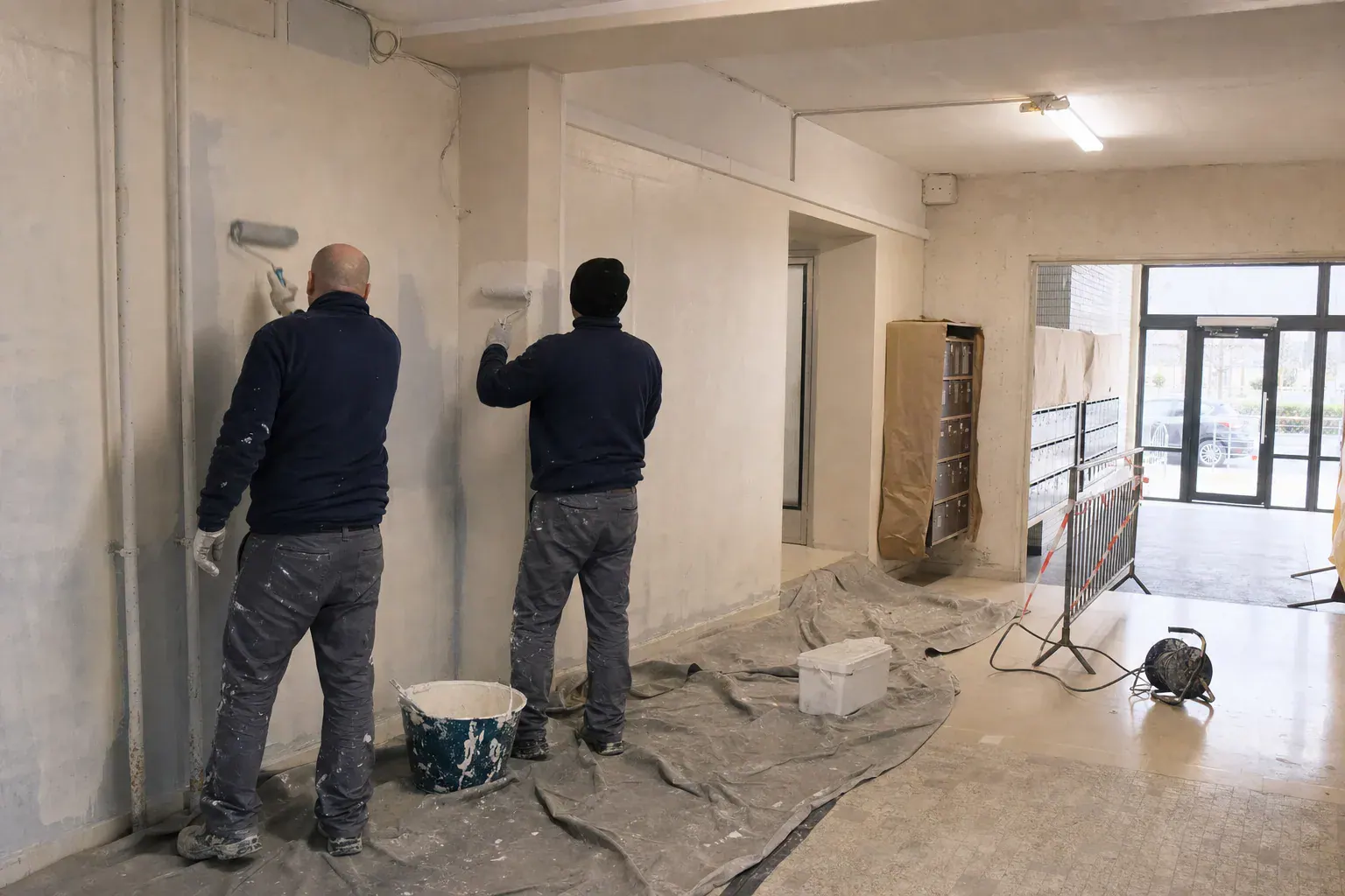 Deux peintres repeignant au rouleau le hall d’une résidence de logement social, boîtes aux lettres masquées et passage balisé
