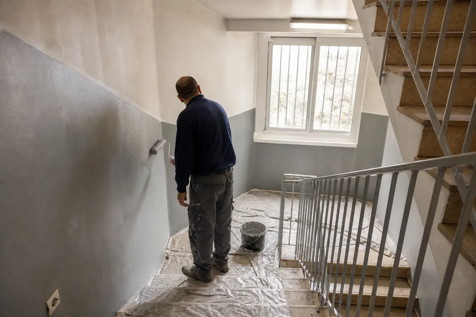 Cage d’escalier d’une grande copropriété de l’Essonne repeinte en gris lessivable, rambarde tubulaire