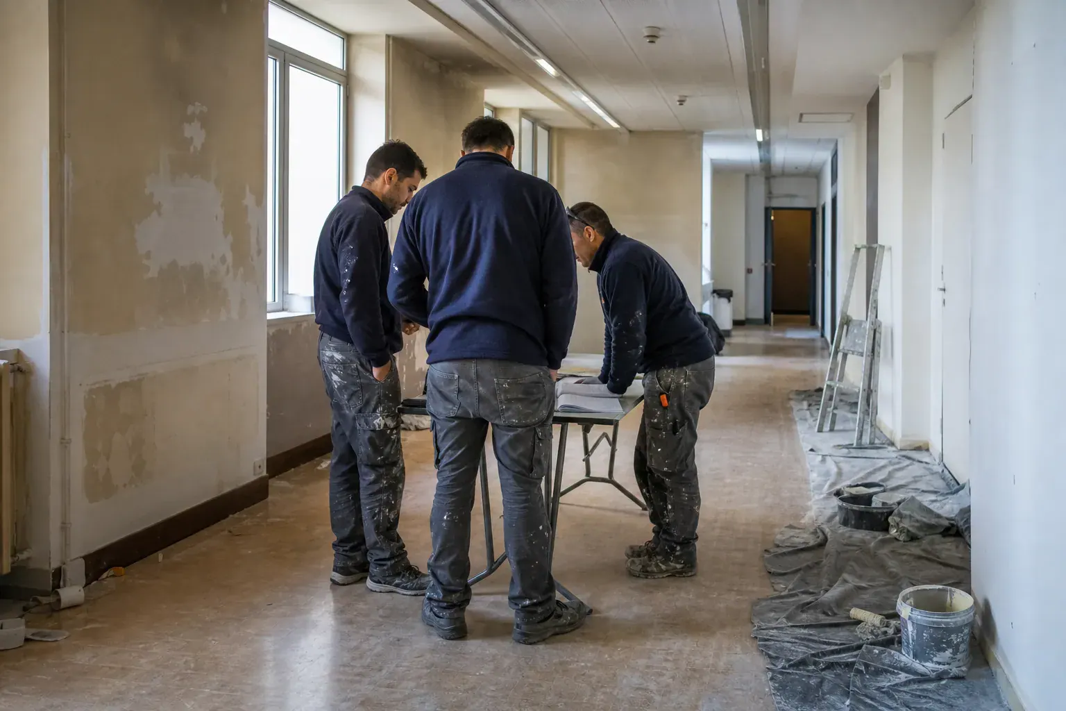 Réunion de chantier dans un bâtiment public avant travaux de peinture, dossier de consultation ouvert