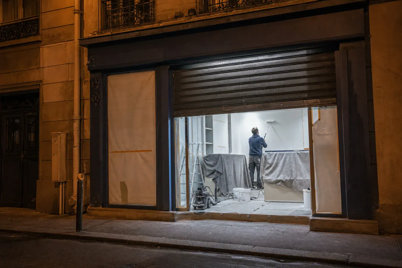 Peinture d’une boutique en pied d’immeuble après la fermeture, rideau métallique à moitié baissé