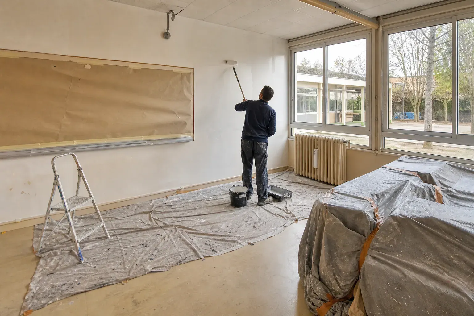 Salle de classe vide repeinte pendant les vacances scolaires, tables empilées au fond