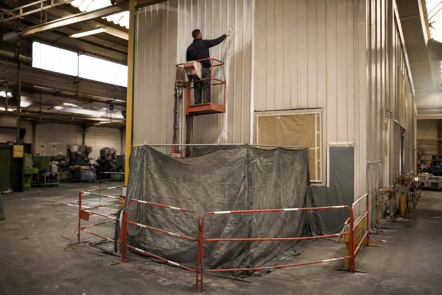 Peinture des murs d’un atelier industriel en activité, travée balisée et machines en arrière-plan