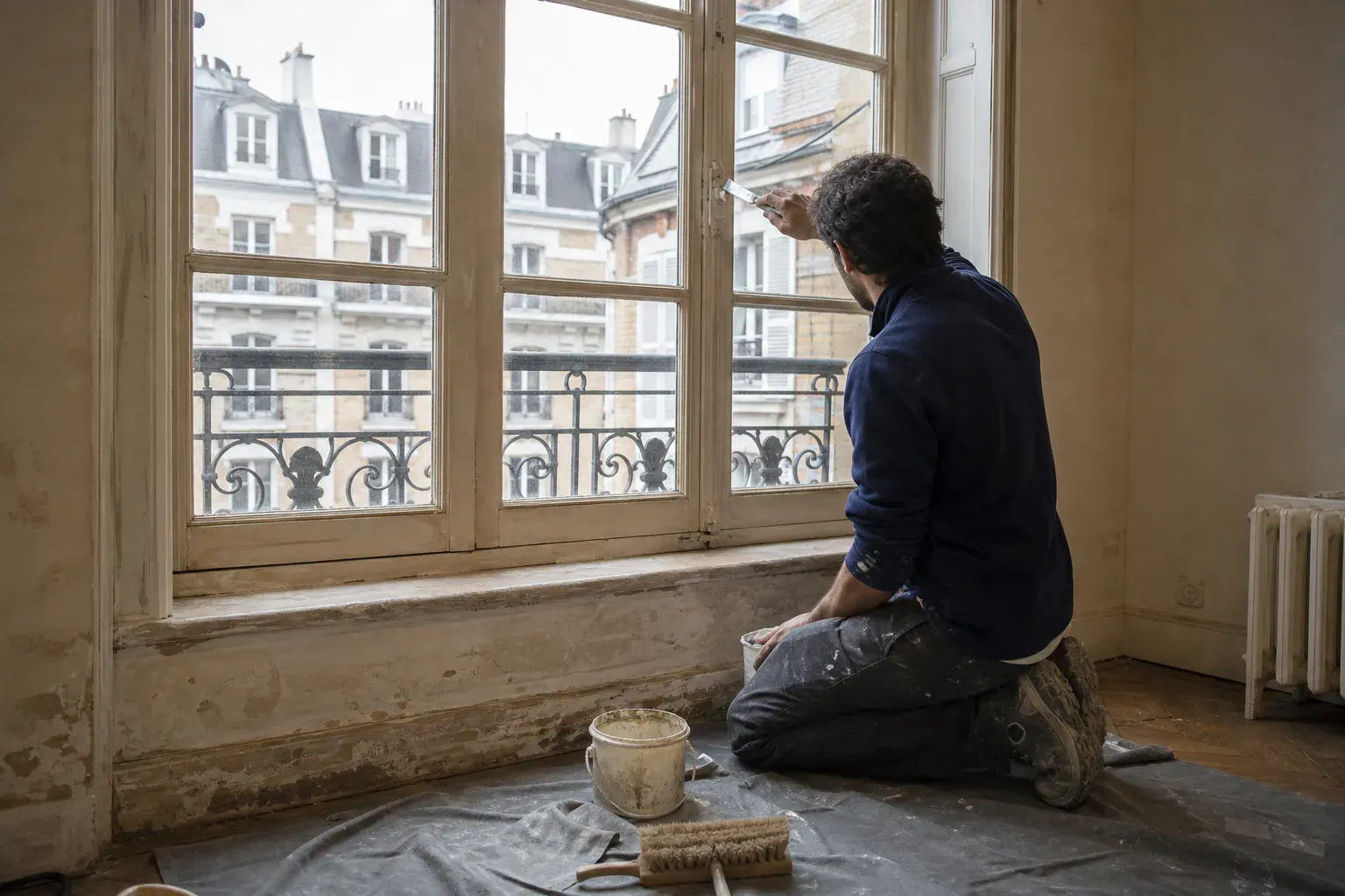Réfection du mastic et peinture d’une fenêtre bois à petits bois d’immeuble ancien