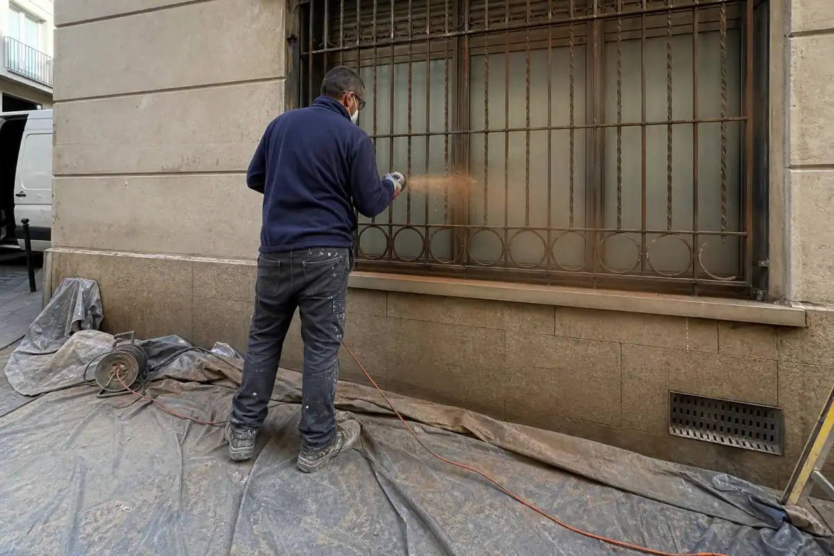 Brossage mécanique d’une grille en fer jusqu’au métal sain avant antirouille époxy