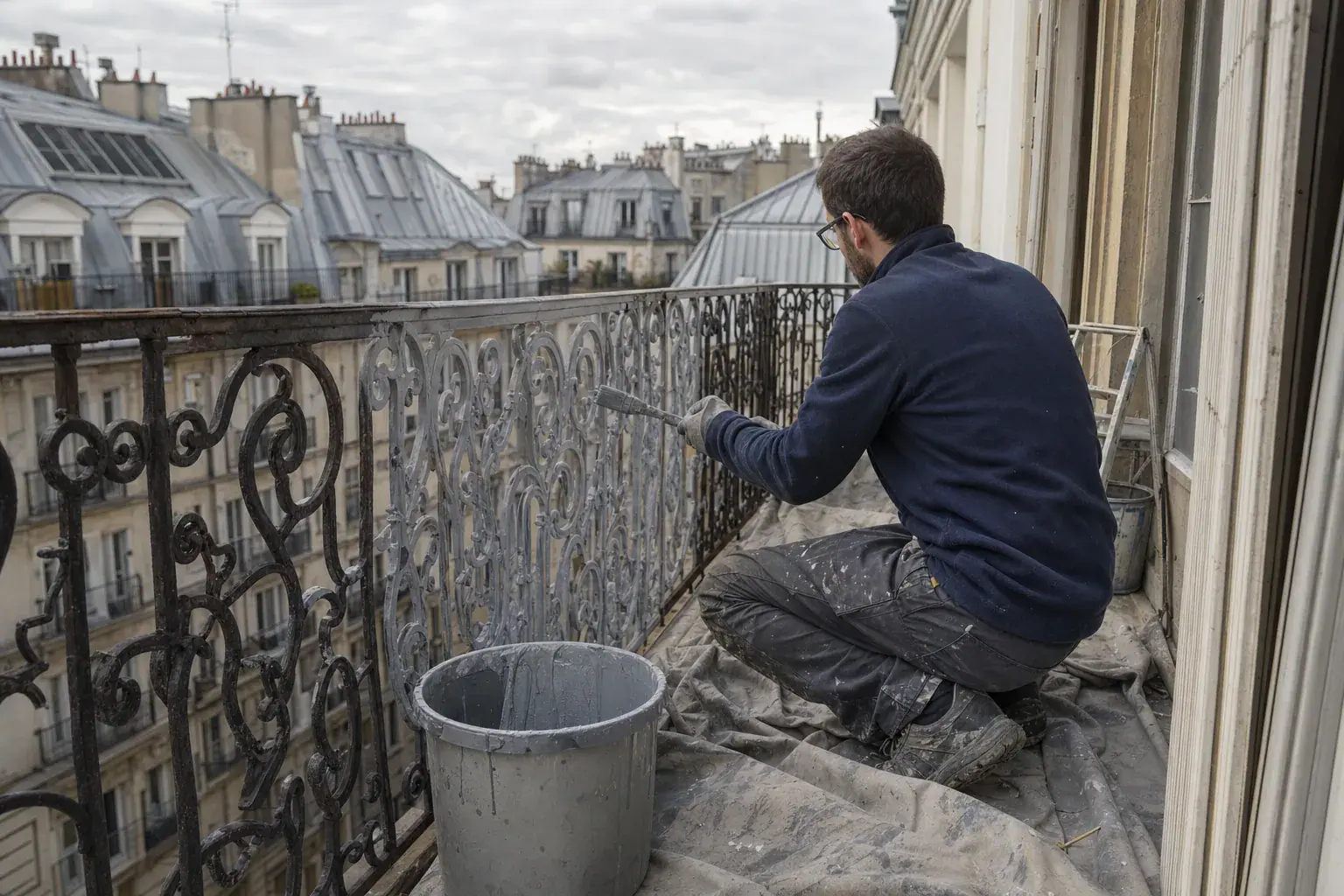 Peintre traitant à l’antirouille le garde-corps en fer forgé d’un balcon d’immeuble ancien