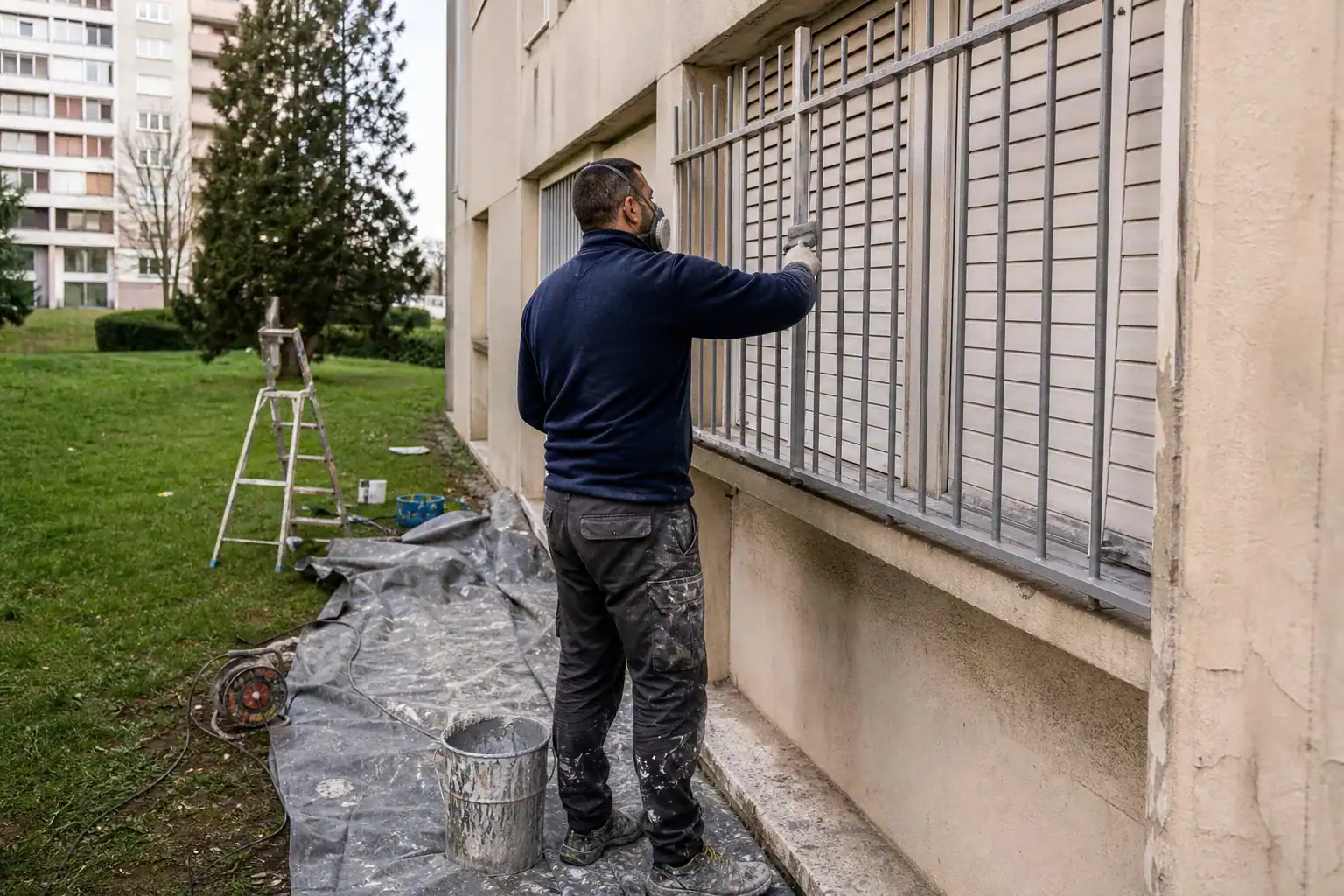 Ferronnerie d’acier en rez-de-chaussée d’un grand ensemble du Val-d’Oise repeinte en antirouille époxy