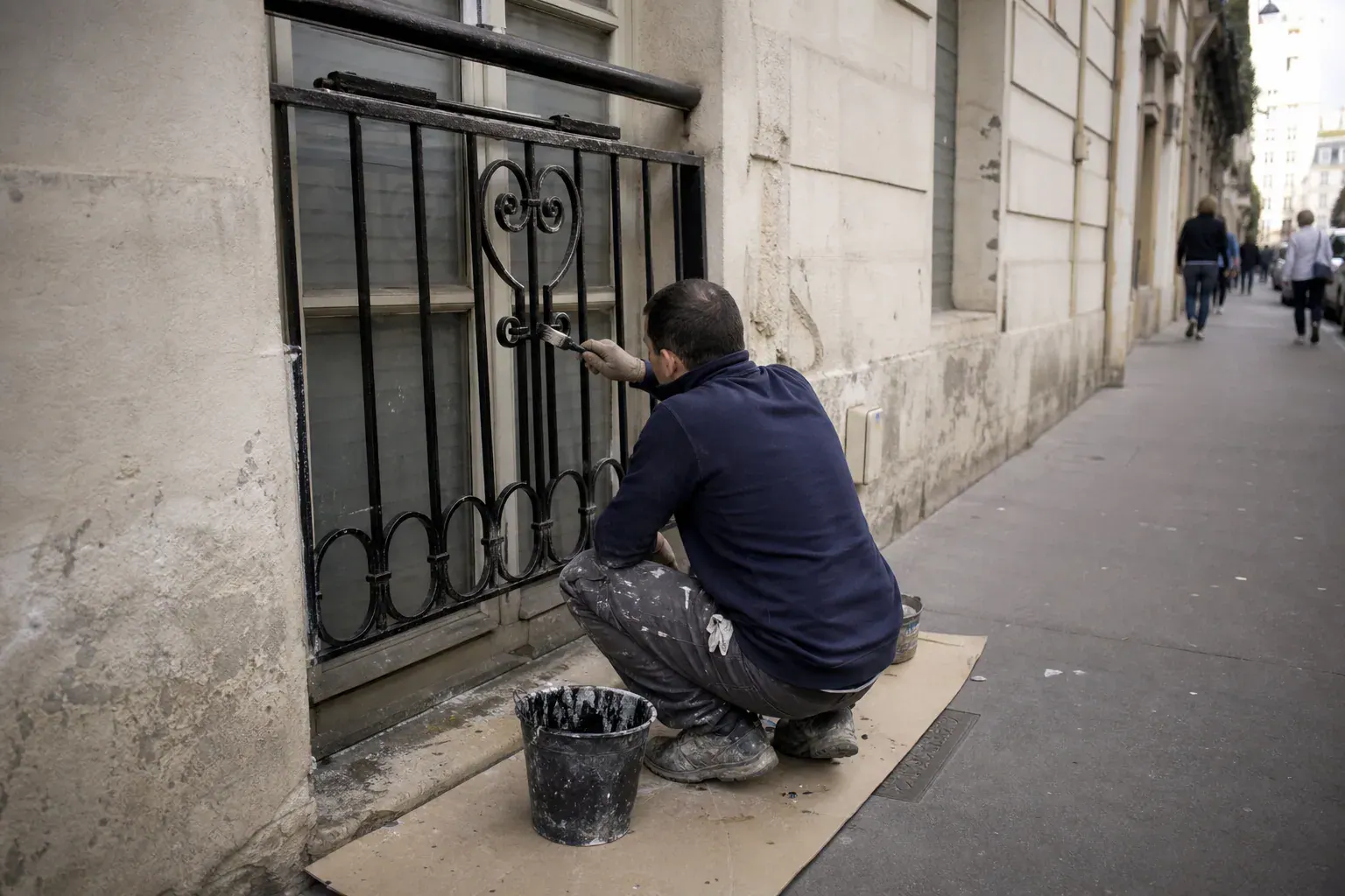 Grille de défense de fenêtre en rez-de-chaussée repeinte au ras du trottoir