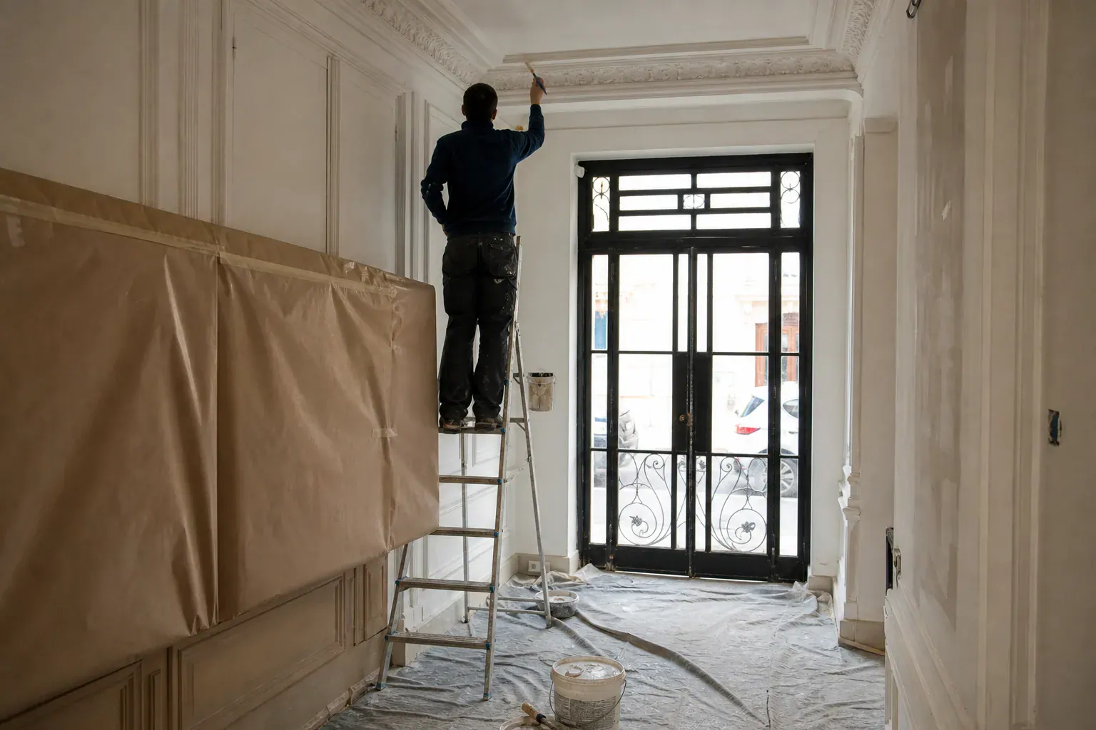 Hall d’entrée d’immeuble en cours de peinture, moulures en staff reprises et boîtes aux lettres protégées