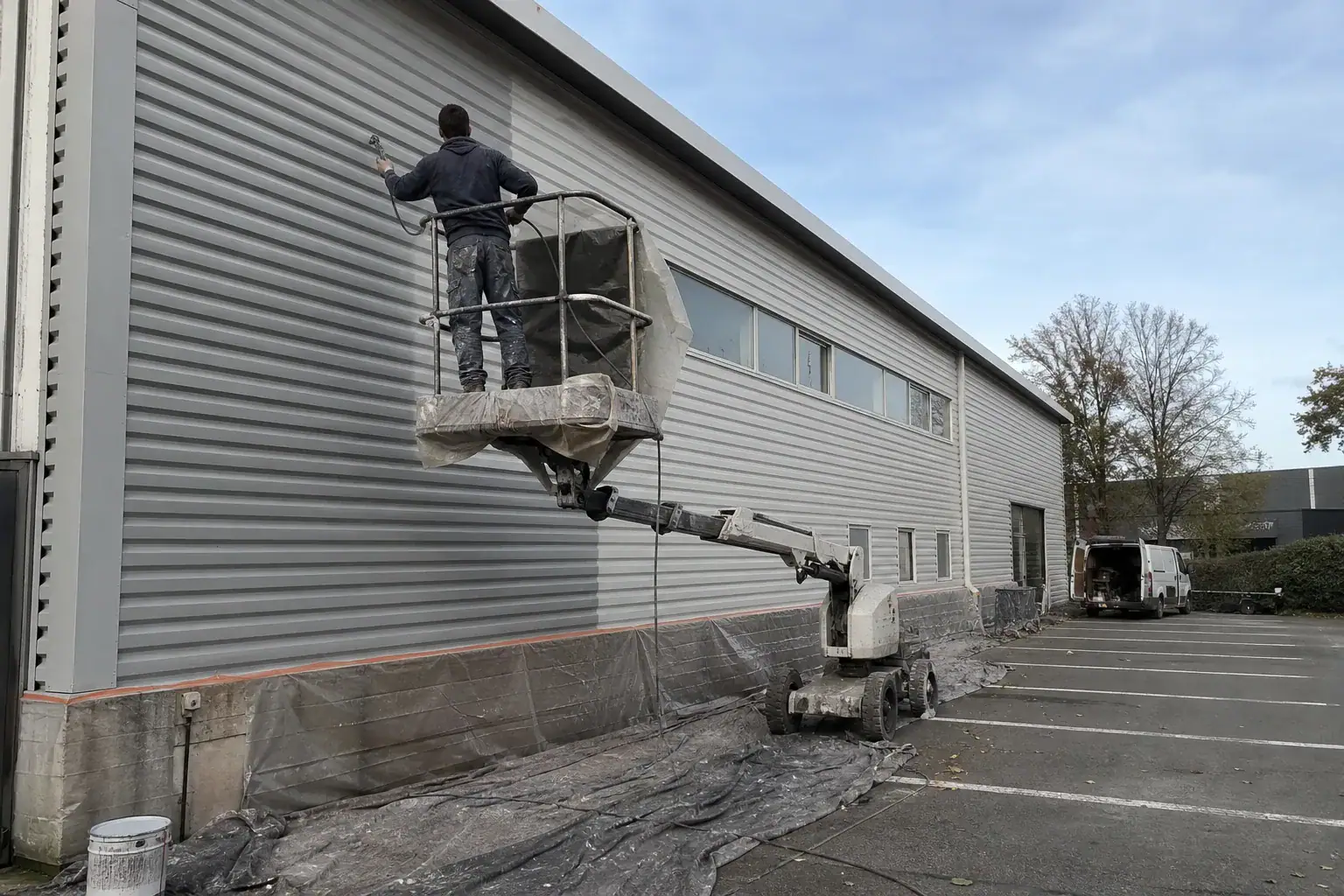 Bâtiment d’activité en Essonne : bardage métallique extérieur repeint au pistolet