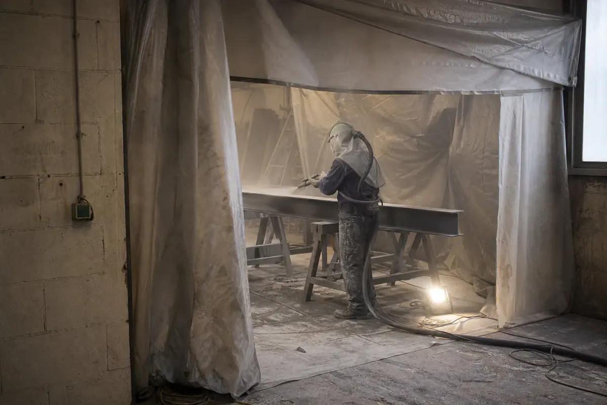 Préparation de l’acier par aérogommage sous confinement dans un entrepôt