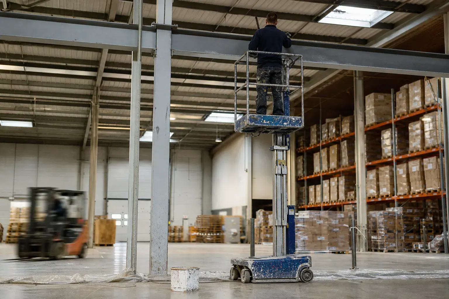 Entrepôt logistique de Seine-et-Marne : charpente métallique repeinte depuis une nacelle