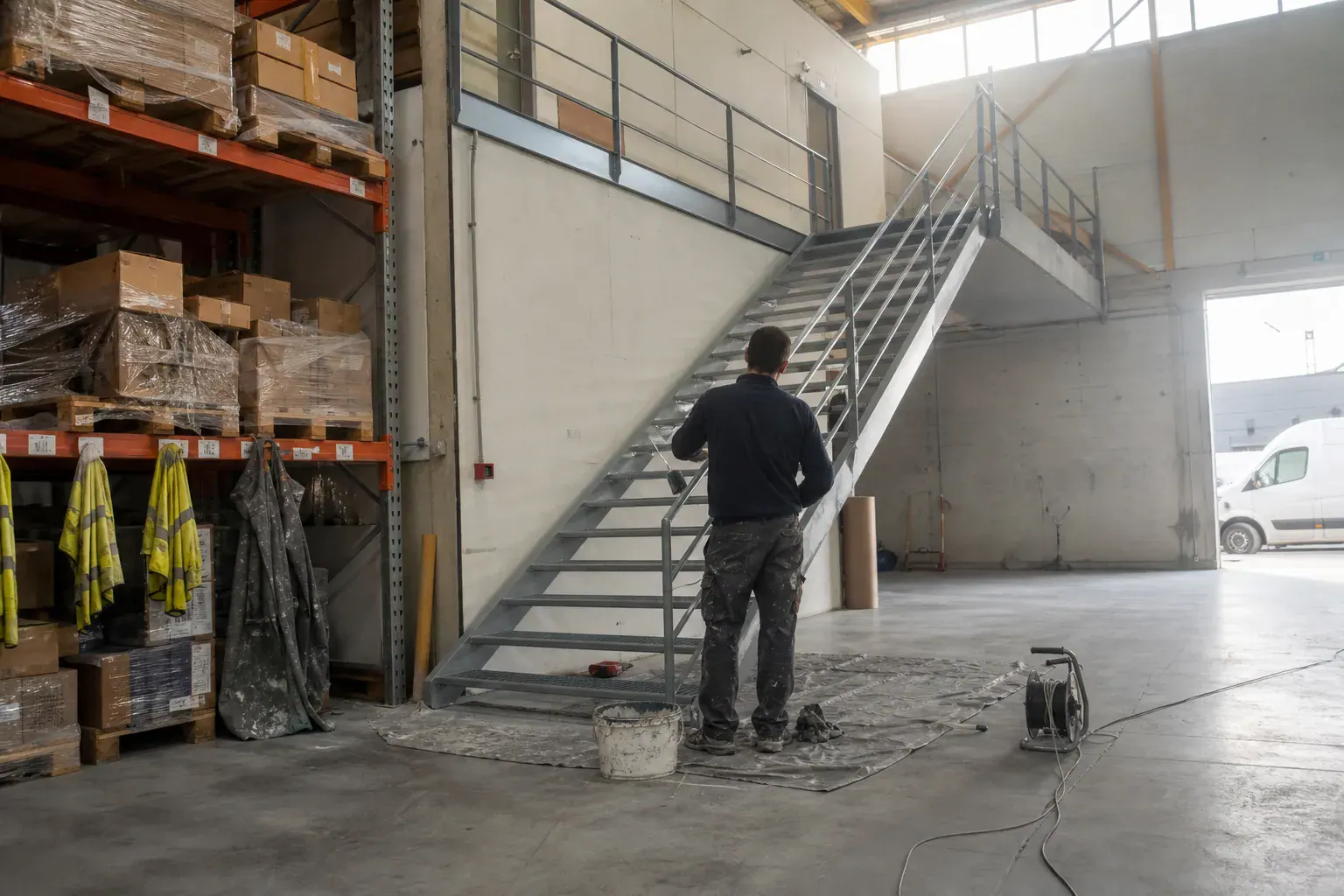 Entrepôt du Val-d’Oise près de Roissy : passerelles et escaliers métalliques repeints