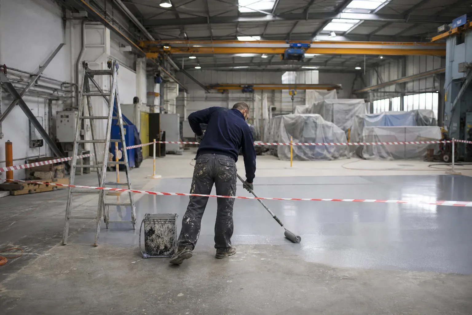 Peintre appliquant au rouleau une résine de sol grise dans un atelier industriel des Yvelines, travée balisée