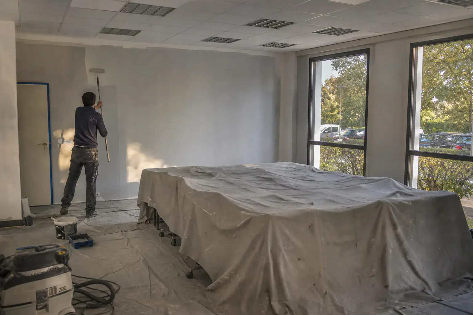 Salle de réunion de bureaux en Essonne repeinte, mobilier regroupé sous bâche