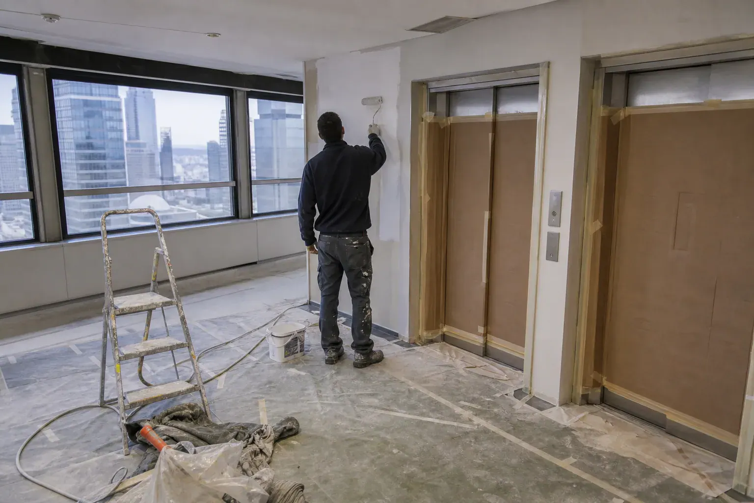 Bureaux d’une tour de La Défense repeints en site occupé, palier d’ascenseur protégé