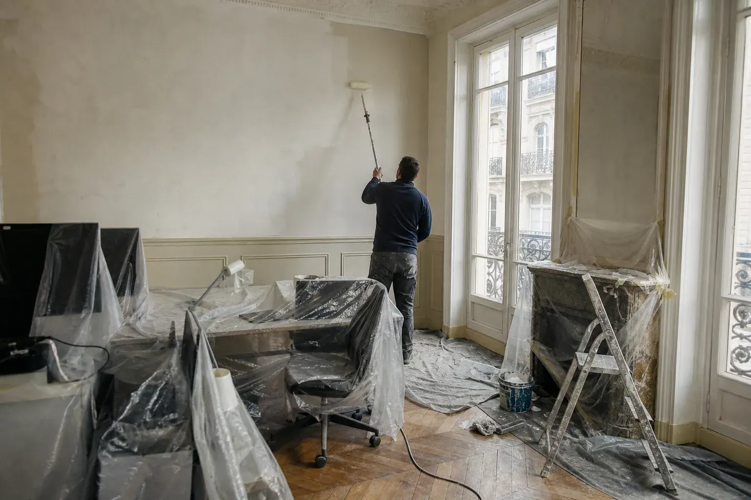 Peintre repeignant au rouleau un bureau dans un appartement haussmannien à Paris, postes et cheminée sous bâches