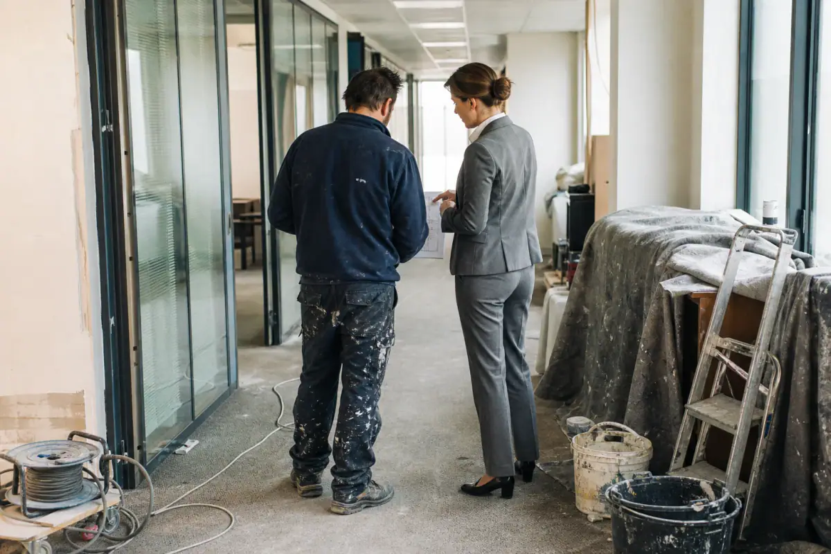 Planification d’un chantier de peinture en bureaux : repérage des zones avec l’exploitant dans un couloir