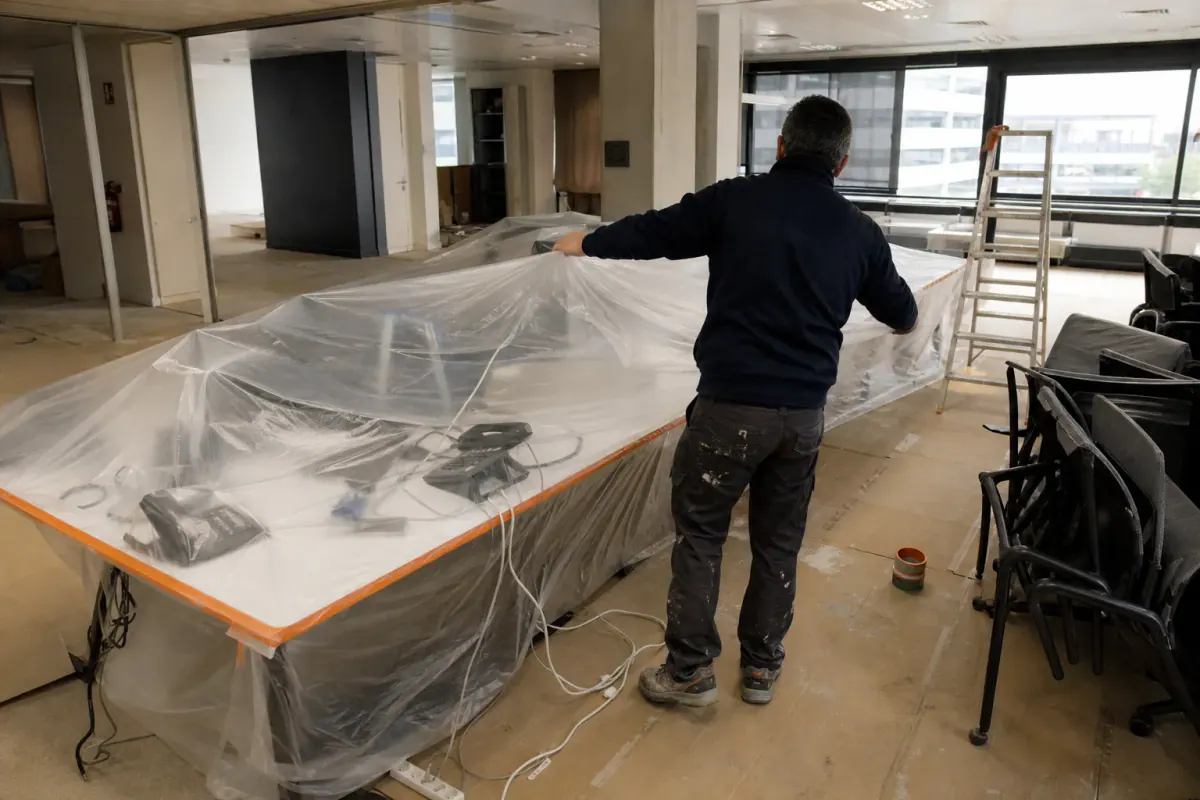 Protection des postes de travail et du mobilier sous bâches avant peinture de bureaux