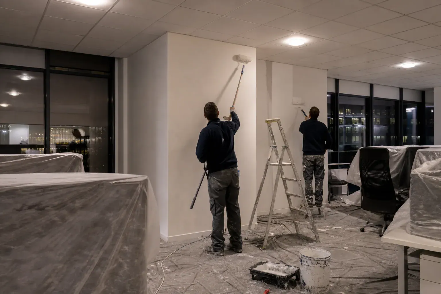 Plateau de bureaux à Saint-Quentin-en-Yvelines repeint de nuit, postes couverts