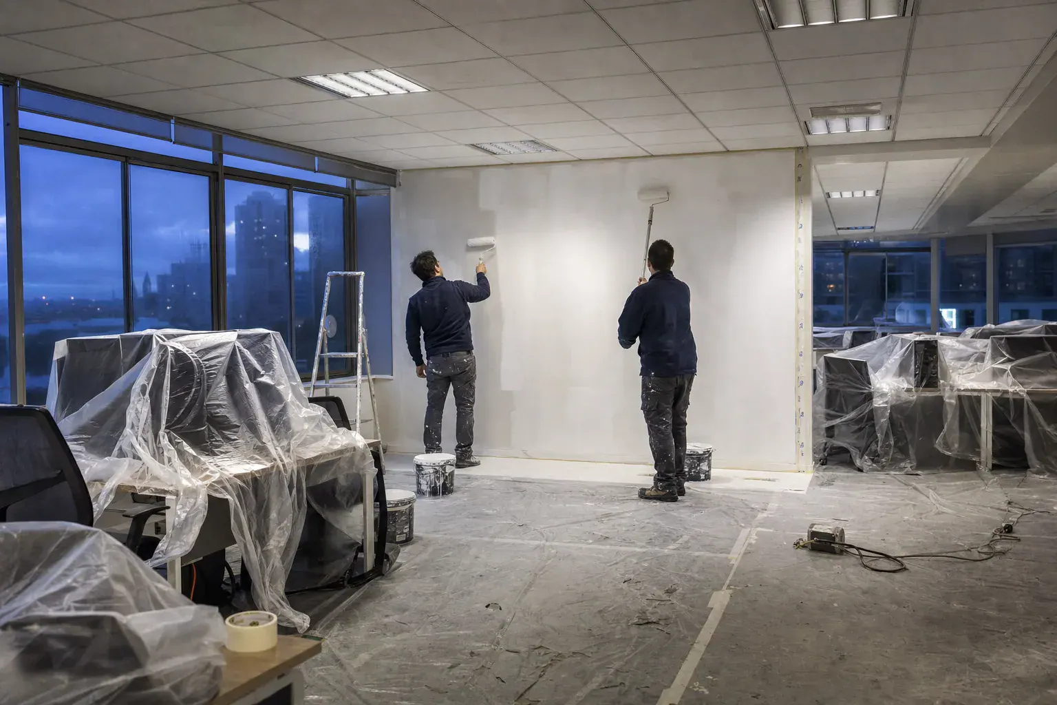 Peintres repeignant un plateau de bureaux le soir, postes de travail bâchés et sols protégés