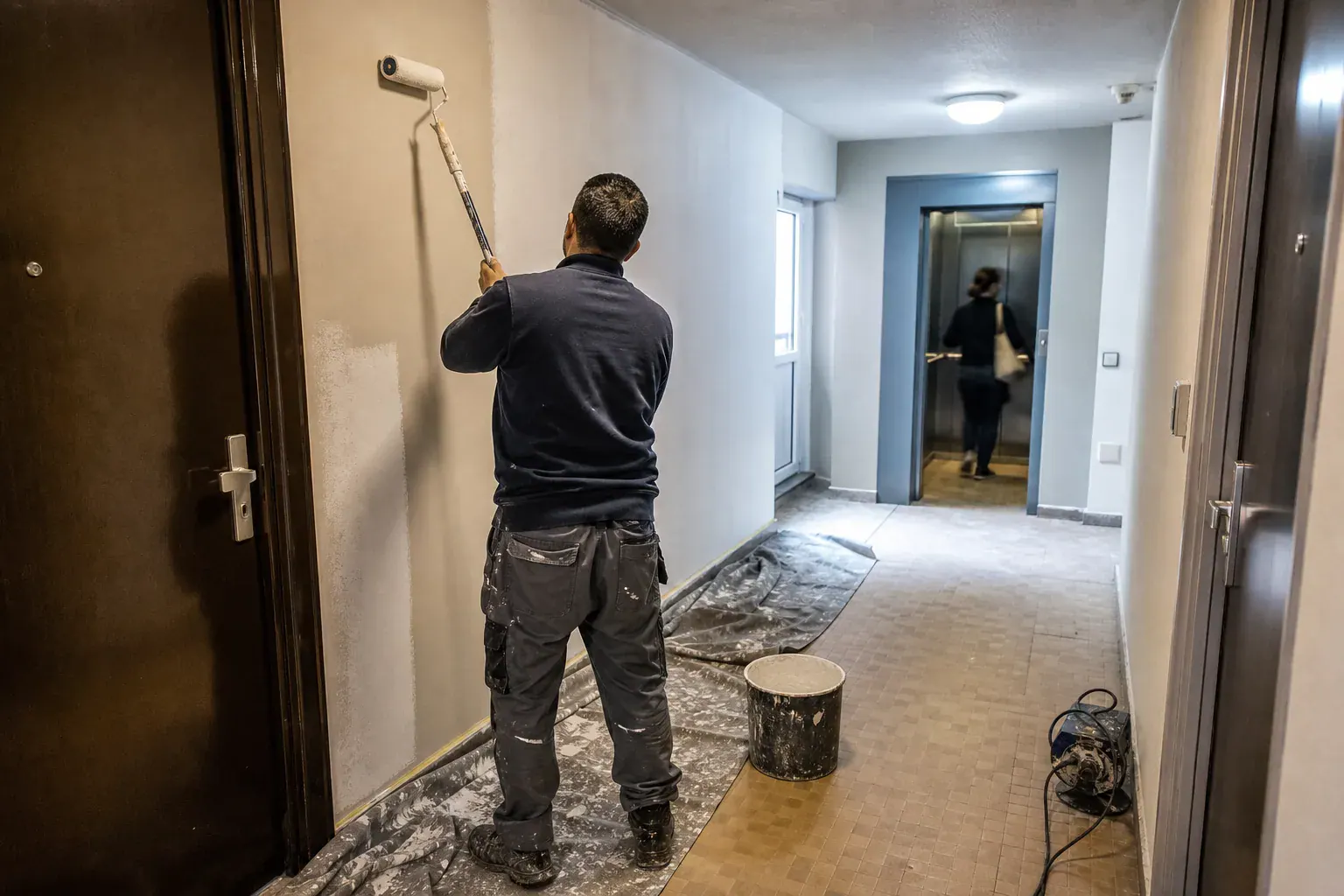 Palier d’un immeuble de logement social repeint avec les locataires dans les murs
