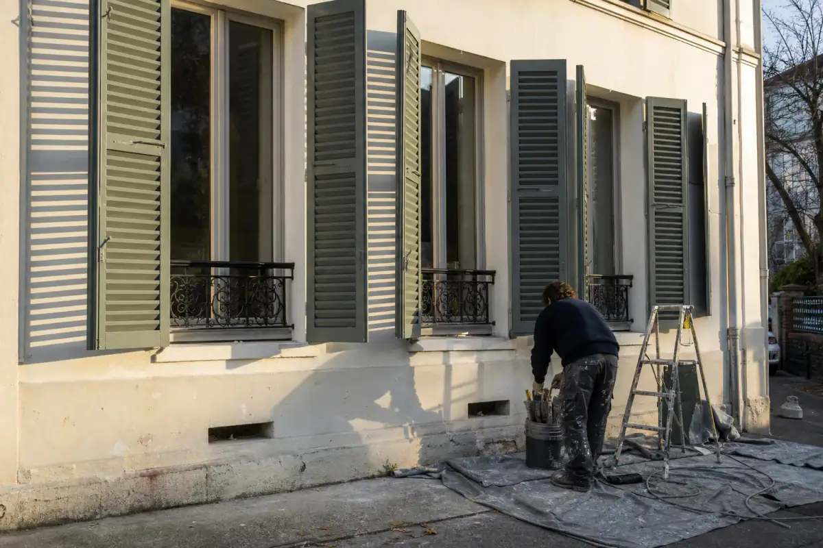 Volets repeints dans la teinte commune de la copropriété, séchant sur une façade d’immeuble
