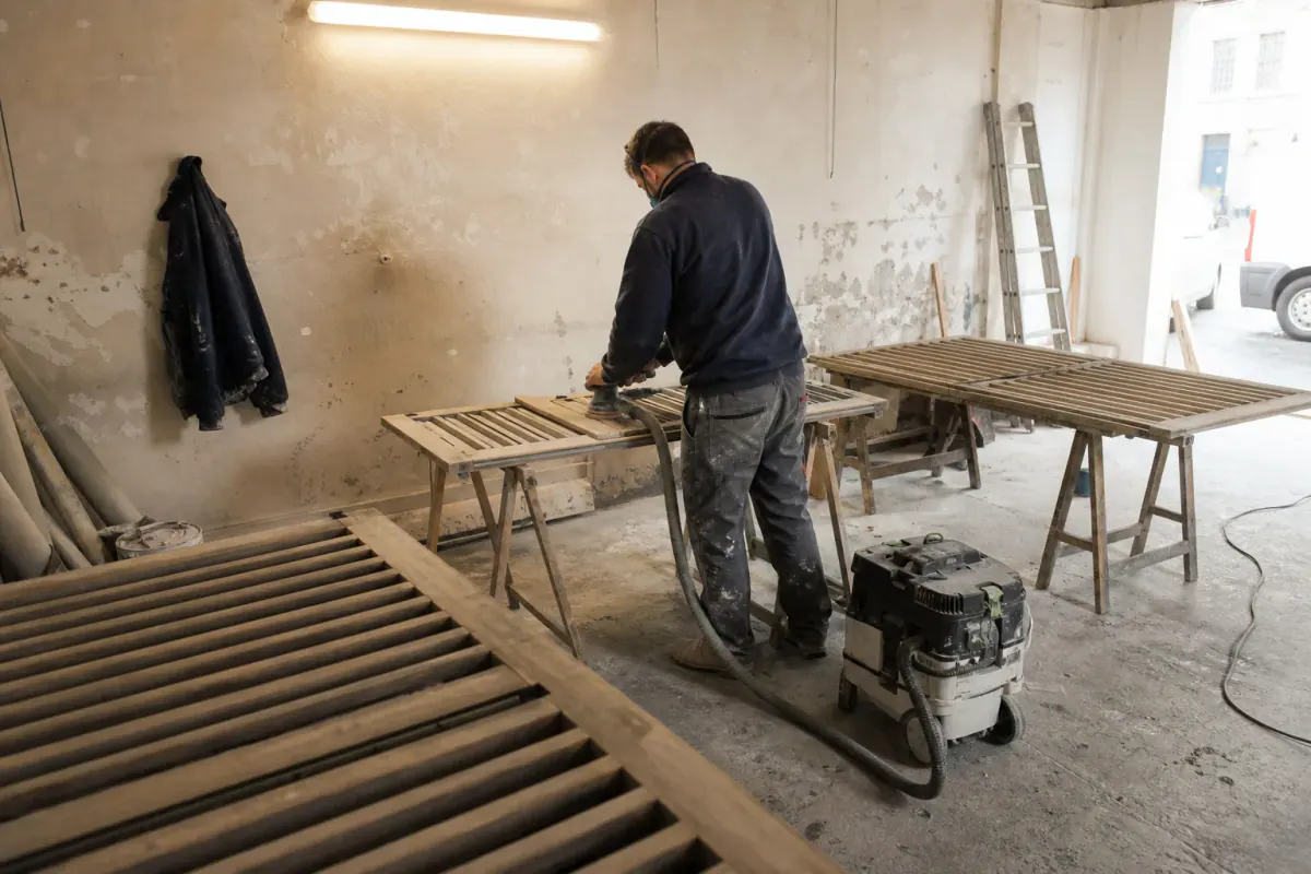 Reprise de volets persiennes déposés et poncés sur tréteaux dans un atelier de chantier