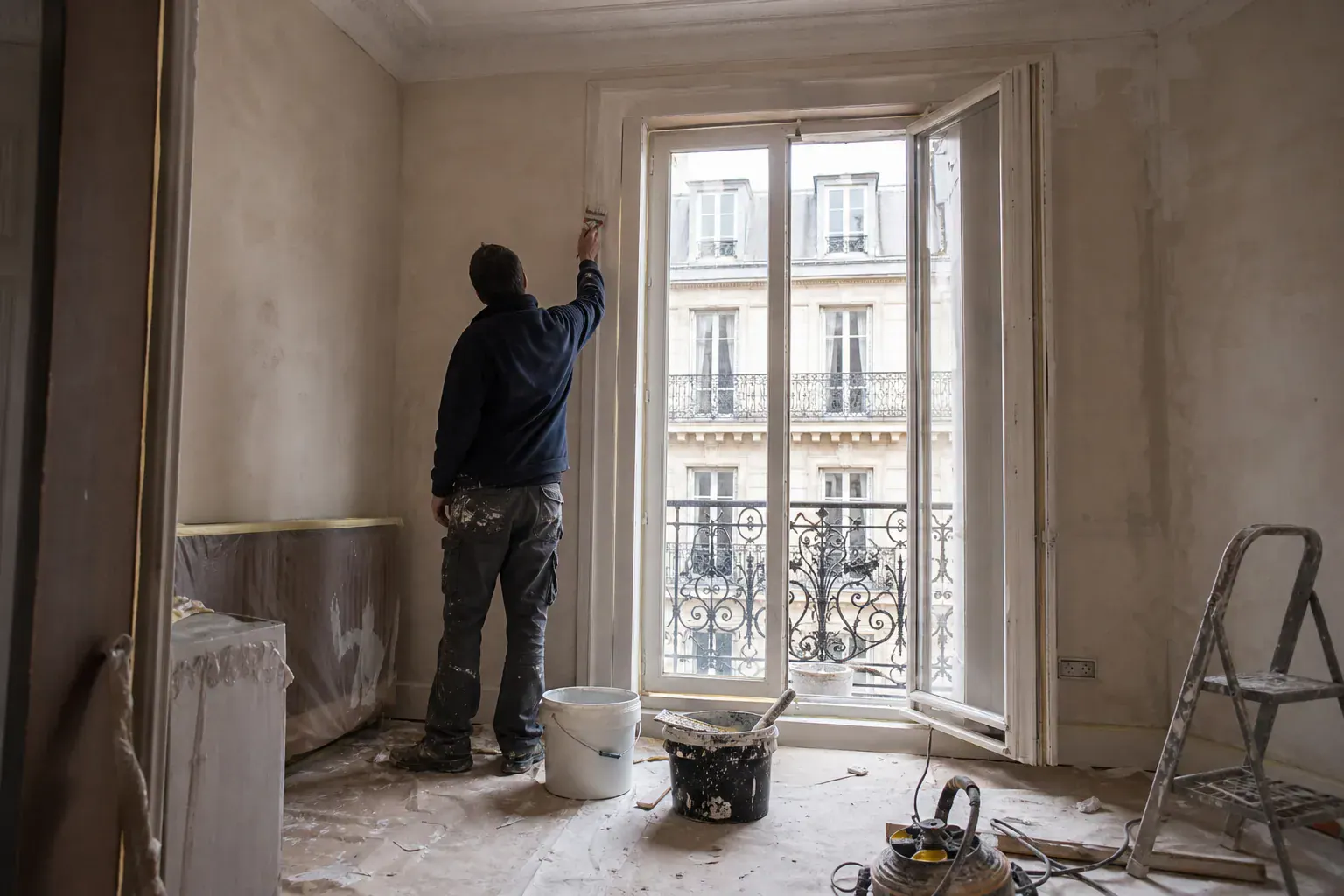 Peintre laquant en blanc le cadre d’une fenêtre bois ouverte sur un balcon filant d’immeuble haussmannien à Paris