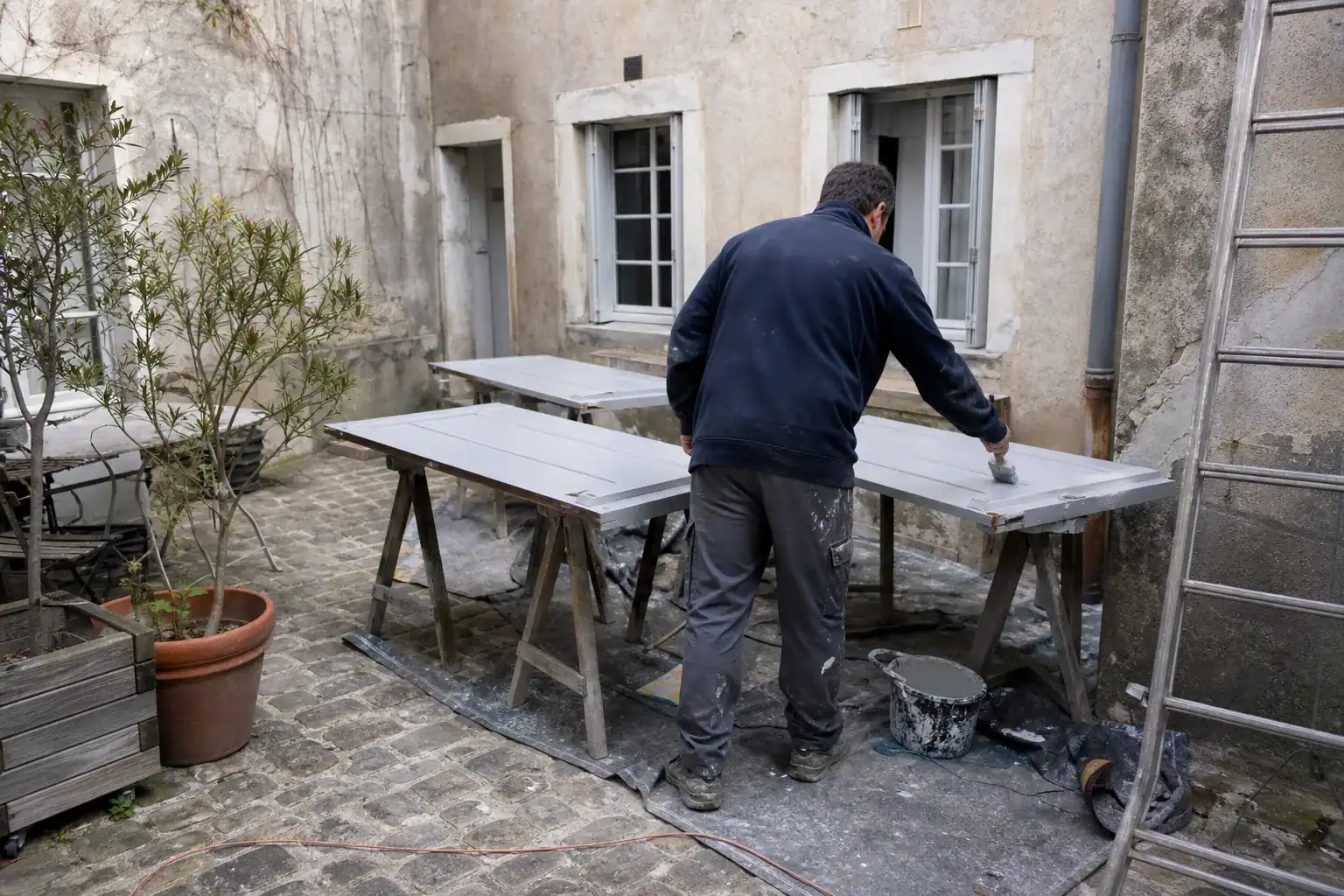 Volets pleins en bois d’une maison de ville de Seine-et-Marne déposés et repeints