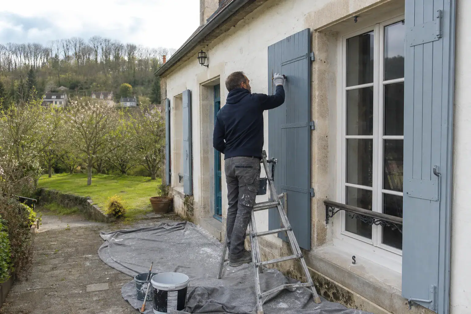 Volets bois d’une villa de la vallée de Montmorency, Val-d’Oise, décapés et repeints