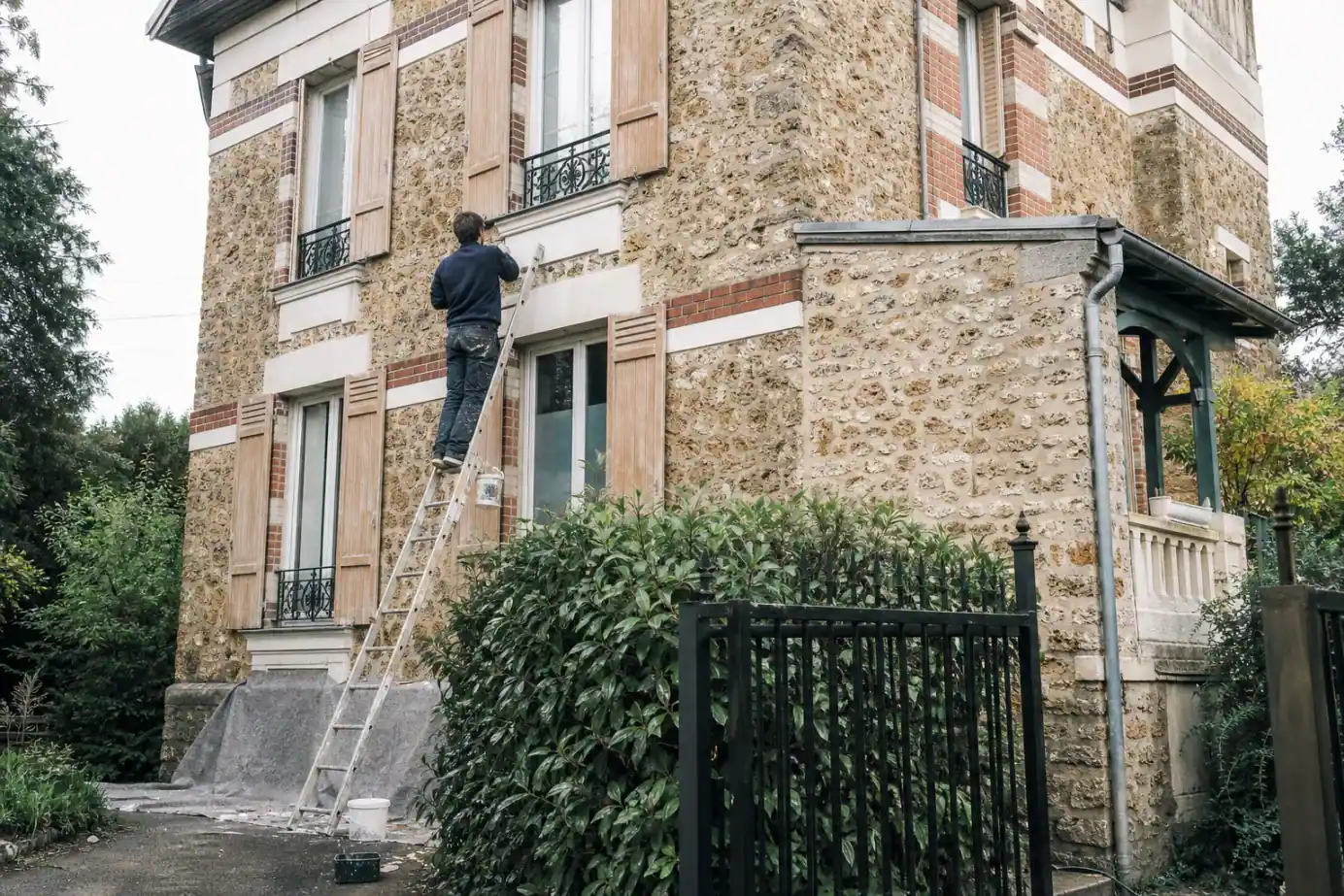 Volets bois d’une villa en meulière du Val-de-Marne décapés et repeints en microporeux