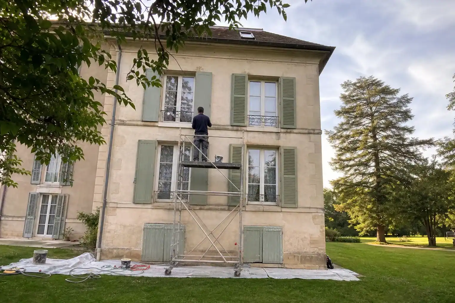 Volets bois d’une résidence des Yvelines repeints dans la teinte commune de la copropriété