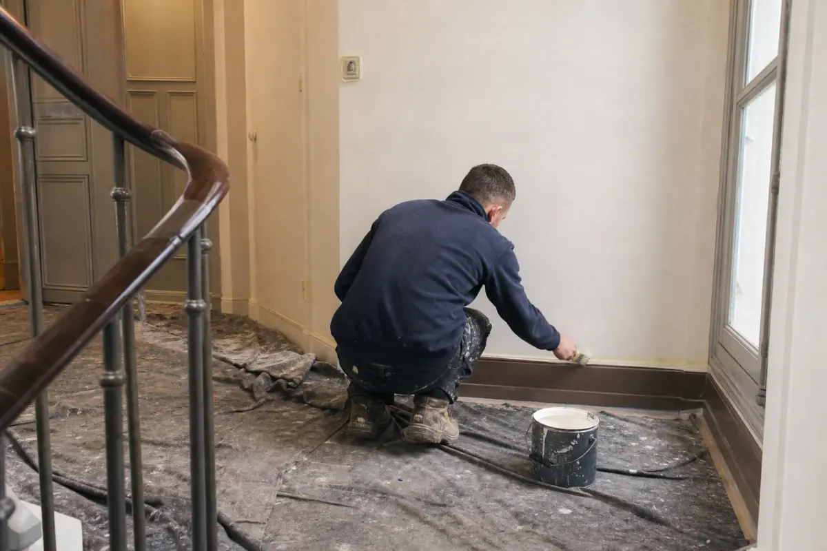 Couche de finition appliquée à la brosse sur la plinthe d’un palier de copropriété