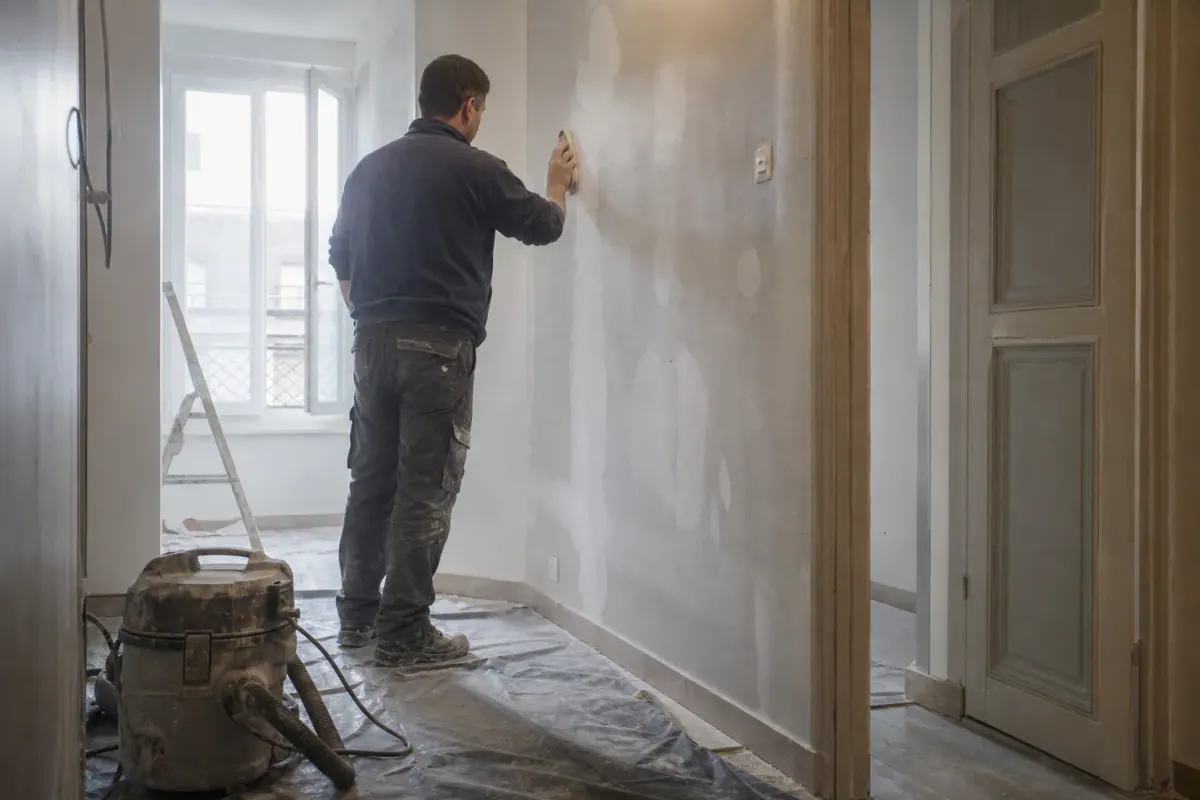 Préparation des parties communes : rebouchage et ponçage d’un mur de palier avant mise en peinture